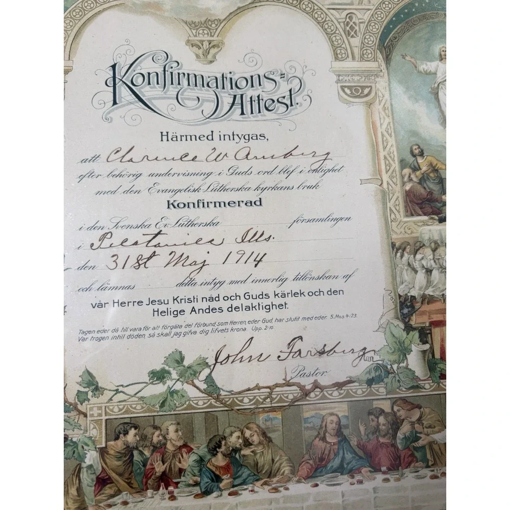 Antique 1914 Swedish Lutheran Confirmation‎ Certificate Framed Konfirmations